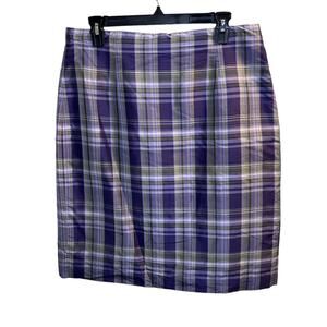 Josephine Chaus 100% Silk Plaid Skirt Size 14 Purple Green Lined Preppy